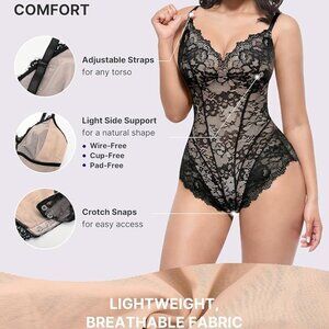 SHAPELLX Lace Bodysuit for Women V Neck Tummy Control Shapewear
